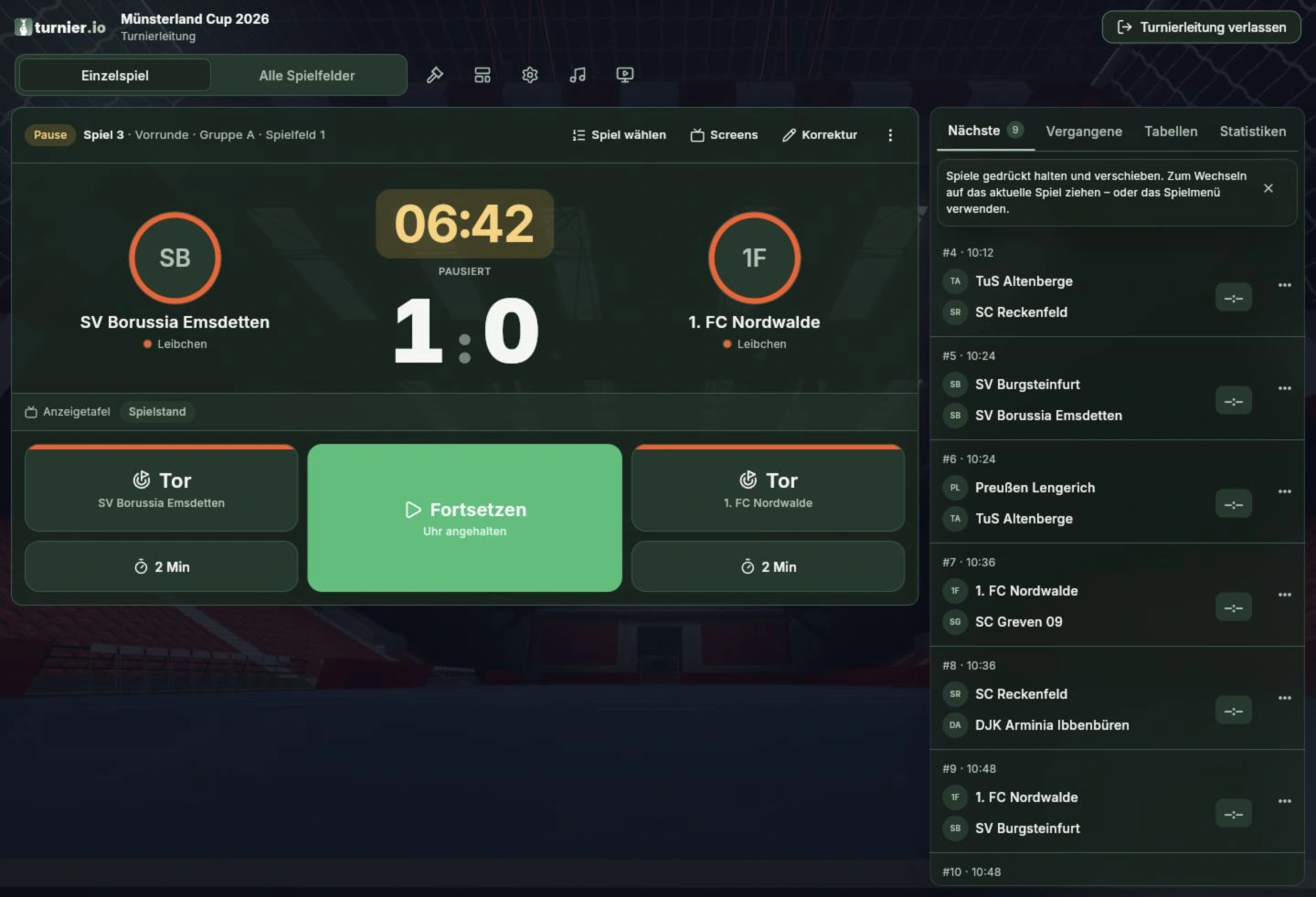 Aktuelle turnier.io-Turnierleitung mit Spieluhr, Live-Spielstand und nächsten Begegnungen.