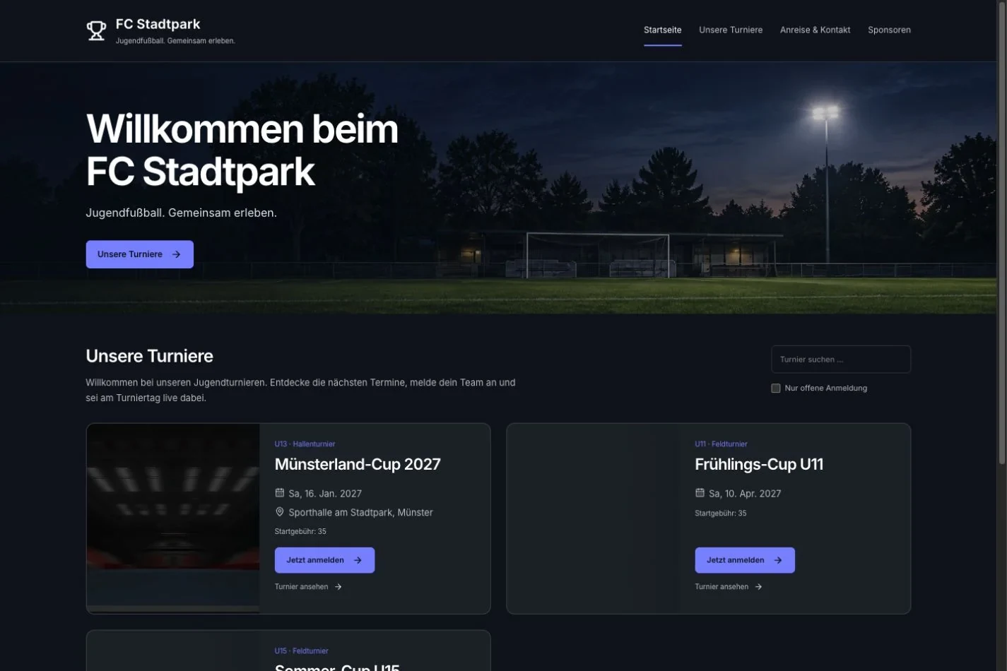 Vereinsseite des FC Stadtpark mit drei Turnieren und direkter Anmeldung.